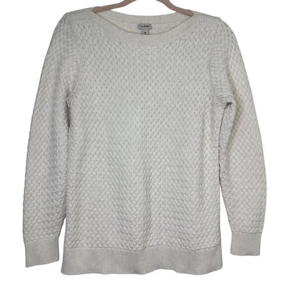 Md LL Bean Ivory Basket Weave Cotton Fisherman Sweater Boat Neck Nautical Preppy - Picture 1 of 6